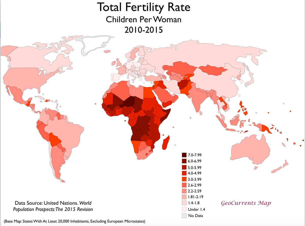 To go into a little more detail, first of all you're probably familiar with the national fertility stats already. Notice that nearly every country with high standards of living has sub-replacement fertility.