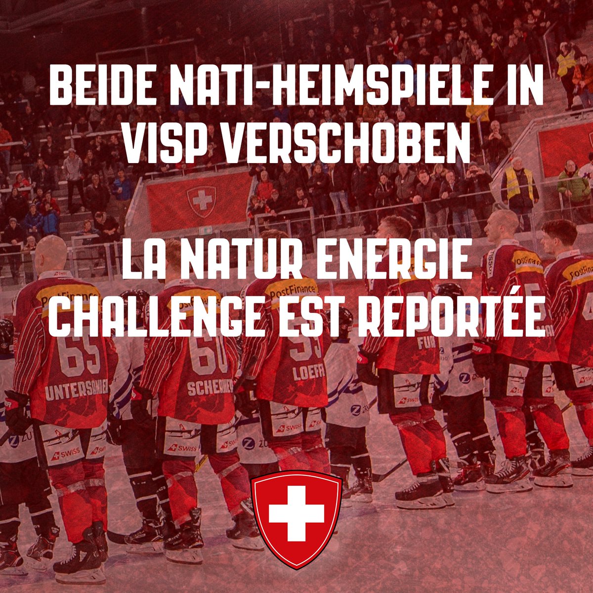 SwissIceHockey's tweet photo. ℹ️ #News 

Das Heimturnier der 🇨🇭 Schweizer Nationalmannschaft, das vom 14. bis 18. Dezember in Visp geplant war, findet nicht statt. Die zwei Heim-Länderspiele werden im kommenden Frühling innerhalb der WM-Vorbereitung nachgeholt. 

Zur Mitteilung: https://t.co/sJsltigtPG https://t.co/QzbtAZ0vFG
