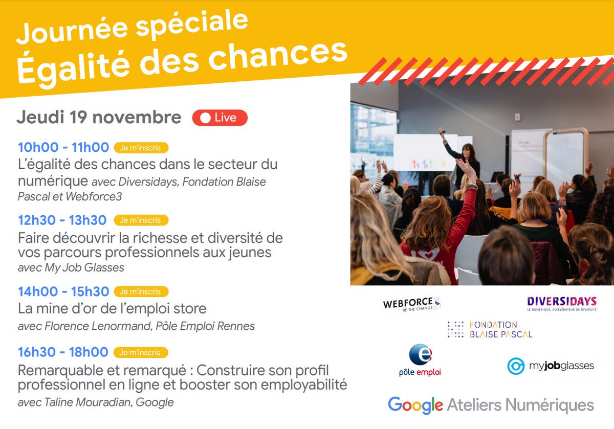 🔍@GoogleEnFrance #AteliersNumériques : Retrouvez-nous en live à 10h !
🗣️La #TeamWebForce3 Lyon avec @diversidays et @FondBPascal discutent 'Égalité des chances dans le secteur du #numérique'
Inscrivez-vous ici !👉bit.ly/3f8KMVy

💪#ProvokChange #WF3Live