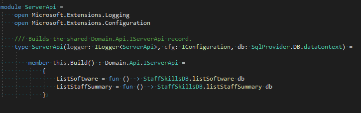 jordan_n_marr's tweet photo. It's hard to beat F# for creating clean web APIs.

#fsharp #fableremoting #DI https://t.co/A2tzRXZblE