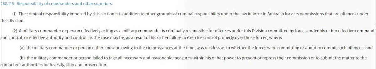 The suggestion there is no basis for criminal superior responsibility under s. 268.115 Cth Criminal Code only works in my mind if the highly autonomous small-group nature of the SAS units in question meant they could *completely* conceal any knowledge from a commander ... 11/n