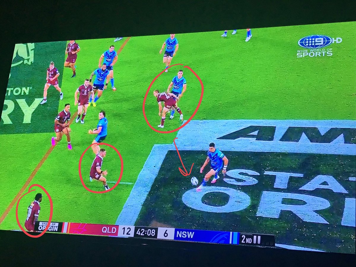 NSW have a 3 v 2 with Walker looking to create havoc, but Cleary awful pass finds the grass and kills another attacking chance.