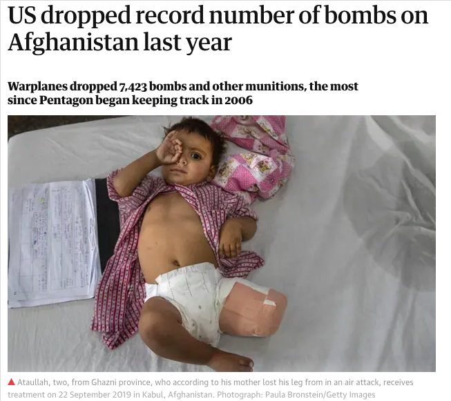 This is on top of the massive pile of corpses the US power alliance has already heaped upon Afghanistan by the Trump administration's record-shattering bombing campaigns and corresponding civilian casualties, and by nearly two full 8-year presidential administrations previous.