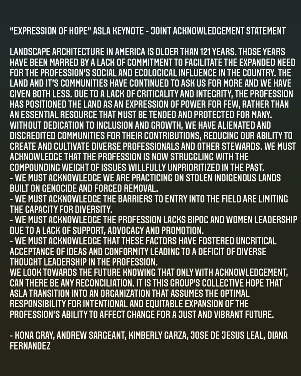 ATLASLab's tweet photo. Sharing our joint acknowledgment statement presented at this year’s @NationalASLA #reVISIONASLA2020 keynote “An Expression of Hope” @DFernandezASLA @SasakiDesign @ByDesignDrew @MIGCommunity @EDSA_Inc @konagray @ATLASLab https://t.co/toEOdk9Rye