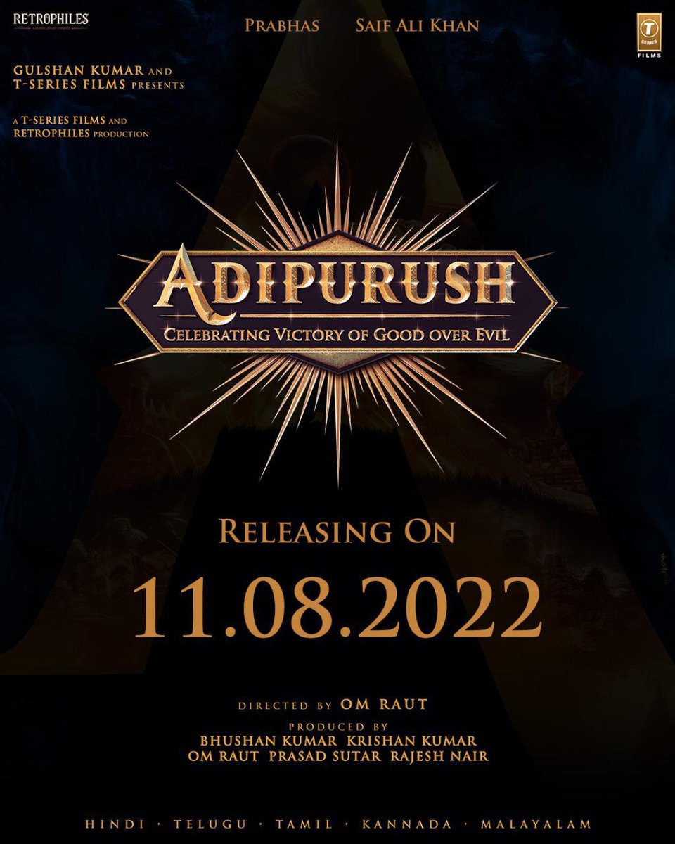 #Adipurush [3D] Release Date Finalized: 11 Aug 2022 [Thursday].

Stars #Prabhas #SaifAliKhan Directed by #OmRaut

Movie Set To Release in 5 Languages including Kannada..
#Prabhas22