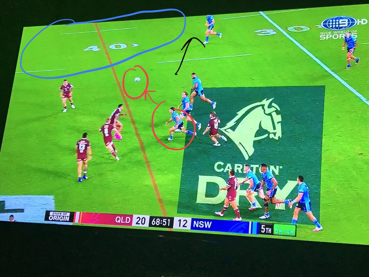 Cleary oblivious to all that space on his right, so he chip kicks and gives away possession to QLD