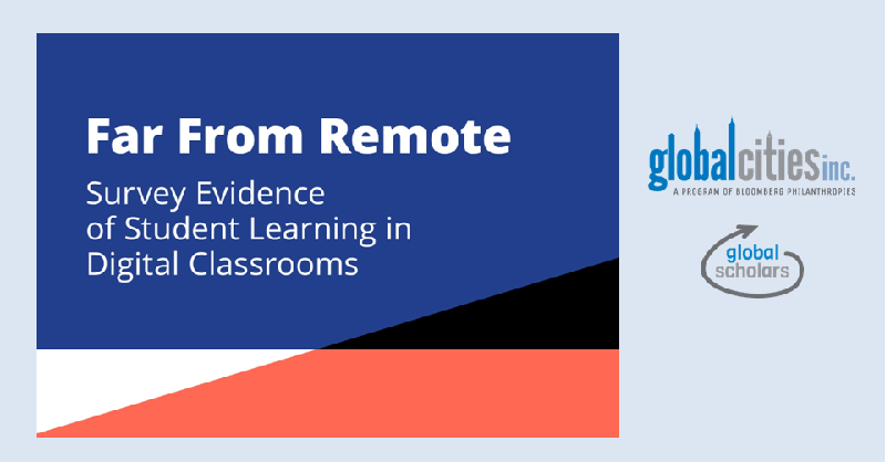 GlobalCitiesOrg's tweet photo. Can students learn online? In a time of remote learning, where is the evidence? 

#FarFromRemote, a study of student surveys from kids from 47 U.S. and international cities in the digital program Global Scholars, shows growth in student attitudes and behaviors.