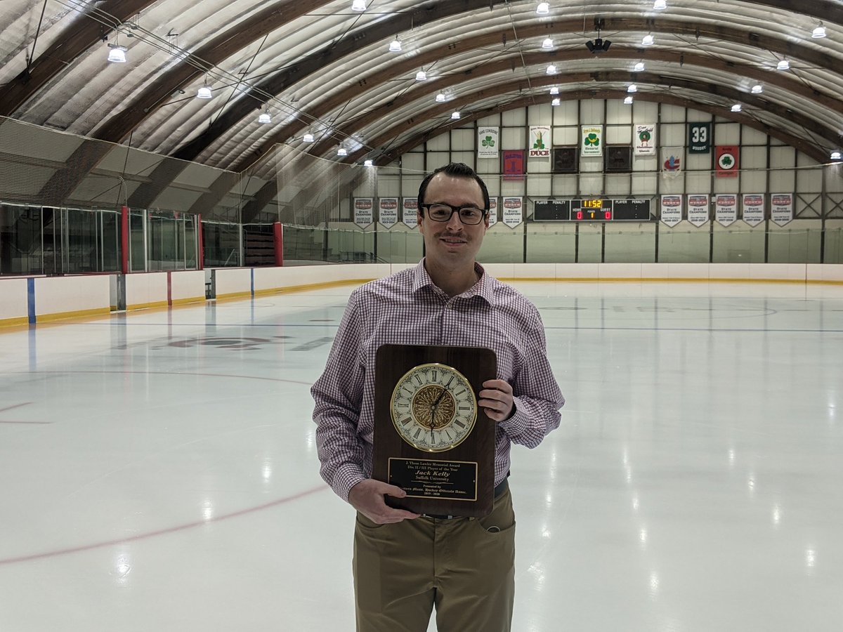SuffolkMHockey's tweet photo. Jack Kelley (Arlington, MA/South Shore Kings (USPHL) received his Lawlor Award. Kelley won the J. Thom Lawler Award as awarded by the Eastern Mass Hockey Officials Assoc. last spring but due to Covid the ceremony was postponed.  EMHOA executive Eric Doyle made the presentation. https://t.co/70BKOoc5bK