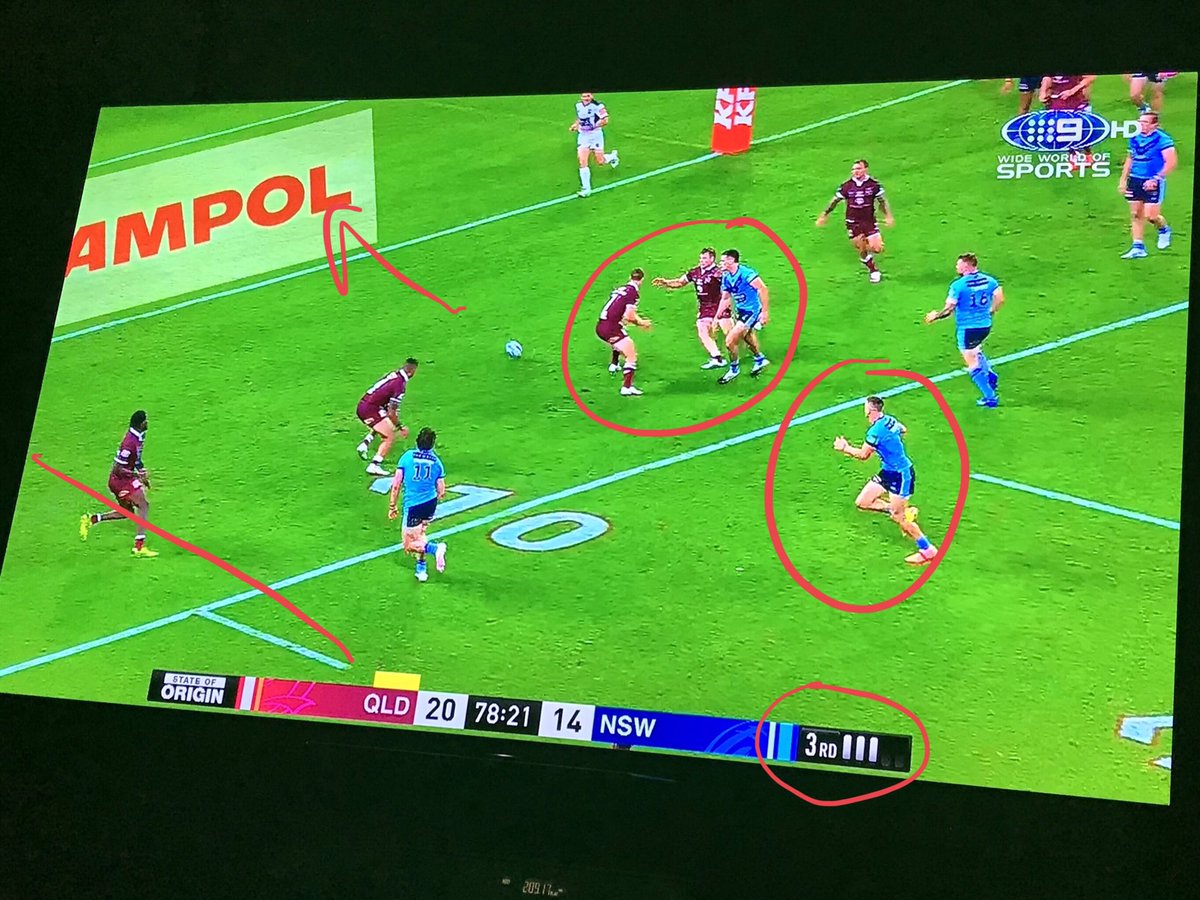 If Cleary passed to Wighton, Tupou would have walked over to score. But Cleary kicks in-goal to get a restart, from which he will soon bomb the next gigantic try chance to cost NSW the game.....in 3,2,1......