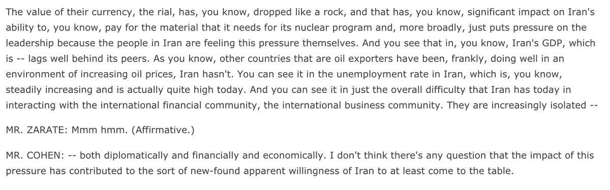 The UN chief warned in October 2015 that sanctions on Iran had escalated inflation, spurred rise in commodities and energy costs, increased unemployment, and led to medicine shortages.But Cohen boasted about impact sanctions had on Iran, saying rial had "dropped like a rock."