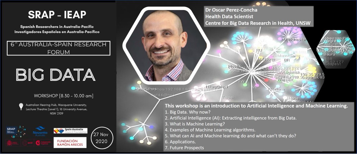 SRAP Forum BIG DATA Pre-conference workshop (27 Nov) : Basic notions &amp; first steps with Big Data by Dr Oscar Perez-Concha <a href="/cbdrh1/">UNSW Centre for Big Data Research in Health</a> <a href="/UNSWMedicine/">UNSW Medicine & Health</a>. On-line via zoom (same link for the actual forum, no need to register again if you are attending) shorturl.at/cdBHO