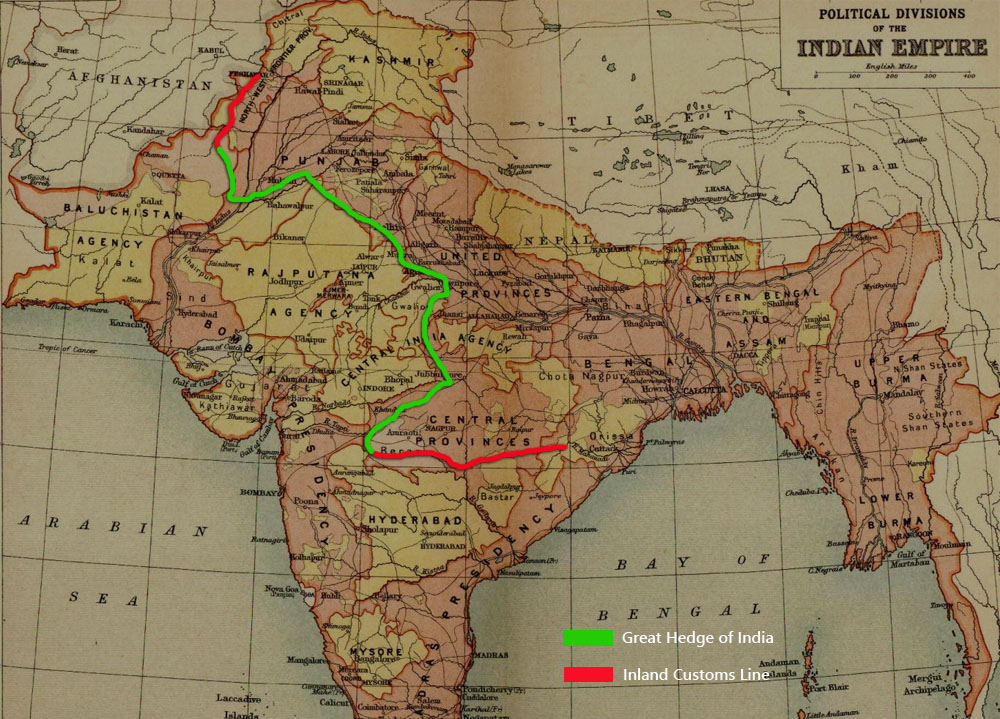 Back in the 19th cent, British separated Eastern India from the westn India by an impenetrable belt of trees mostly made up of thorny plants. British formed a man-made barrier, all the way from Layyah in Punjab (now in Pakistan) to Burhanpur, on the banks of Narmada, 1000km long.