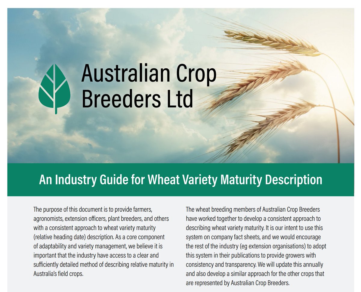 Looking for a consistent and clear approach to describing wheat variety maturity (relative heading date)?? 
Check out the #ACB Industry Guide for #Wheat Variety Maturity Description, developed by the wheat breeding members of the ACB! australiancropbreeders.com.au