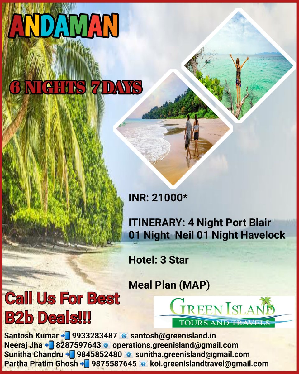 GREENISLANDTOU3's tweet photo. ANDAMAN CALLING!!!

CONTACT US FOR BEST B2B RATES!!!

#andamanandnicobarislands #travel #holidayseason #holidays #trip #b2btravel https://t.co/DYzZE7SHMh