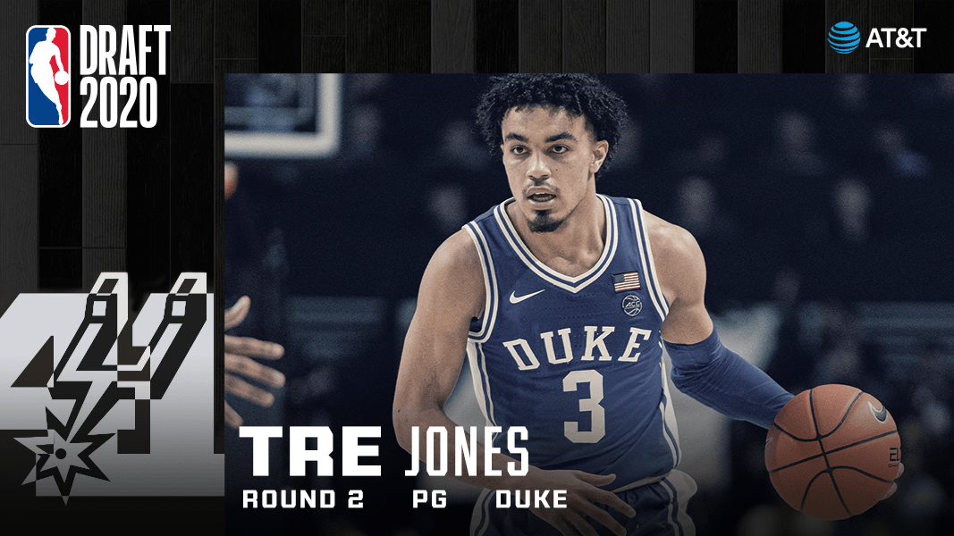 spurs's tweet photo. With the 41st pick in the 2020 #NBADraft, the Spurs select @Tre3Jones! Welcome to SA!

@ATT | #SpursDraft2020 https://t.co/9j3lR3KspA