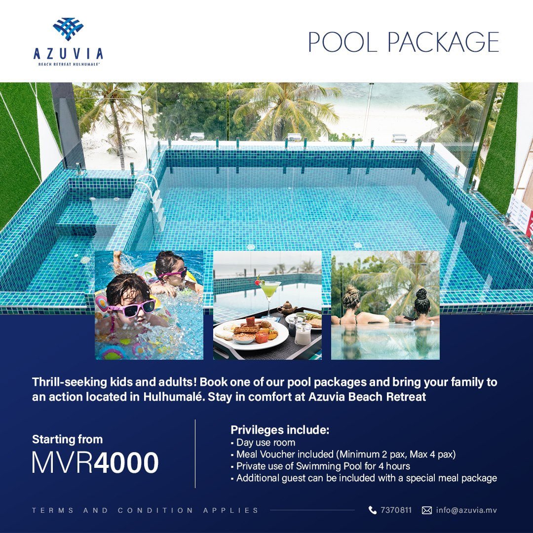 Our pool packages for the thrill-seekers. Make your stay memorable at Azuvia Beach Retreat Hulhumale’.

#Azuvia #AzuviaBeachRetreatHulhumale