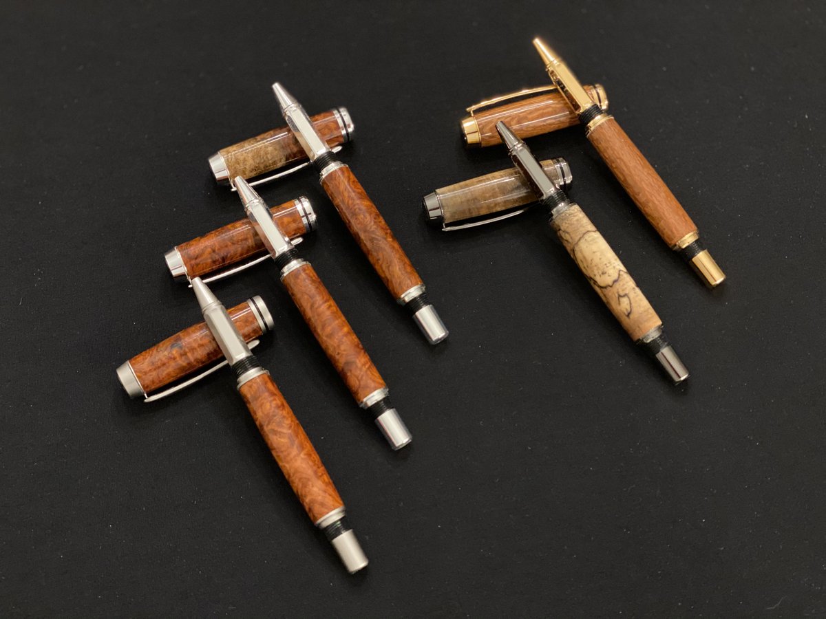 because_texas's tweet photo. Last week in my shop - pens!  Amboyna burl, spalted maple and lacewood rollerball pens.
https://t.co/ArUyjkYe04
#BecauseTexas #Texas #rollerball #pen https://t.co/kNS0RFj8BO
