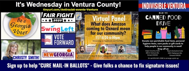 11/18:  IT'S THE ...

#VoteForward Letters
#NewGeorgiaProject 
Ballot Curing
Emails re: election lawsuits
#Parler
Call legislators - grill #GSAEmilyMurphy 
#GeorgiansVoteRevWarnockAndOssoffToSaveAmerica 
& more EDITION! 

🏁Scroll⏩indivisibleventura.org/2020/06/02/blm…

#Indivisible #DemCast