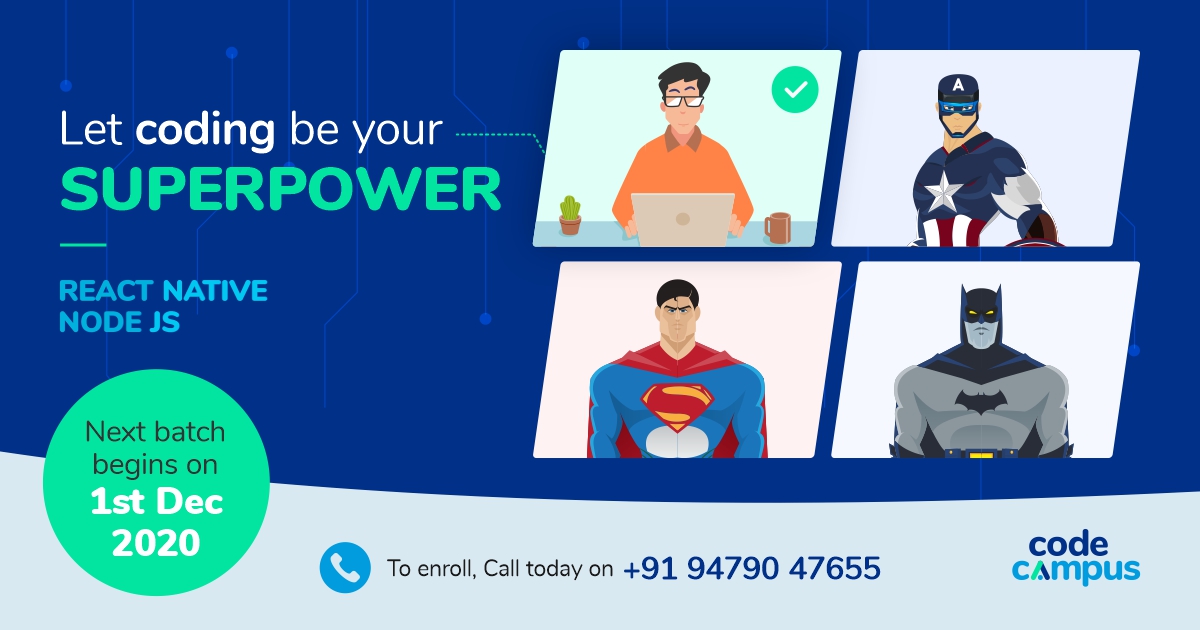 CodeCampusIT's tweet photo. In today's world, coding is no less than a super-power. You can learn it too. Just register for the next batch and learn the latest technologies like #ReactNative and #NodeJS.
To enroll, call us at +91 94790 47655.
#ReactNative #Nodejs #codingisfun #Training #Raipur #CodeCampus https://t.co/v2YmOg5pje