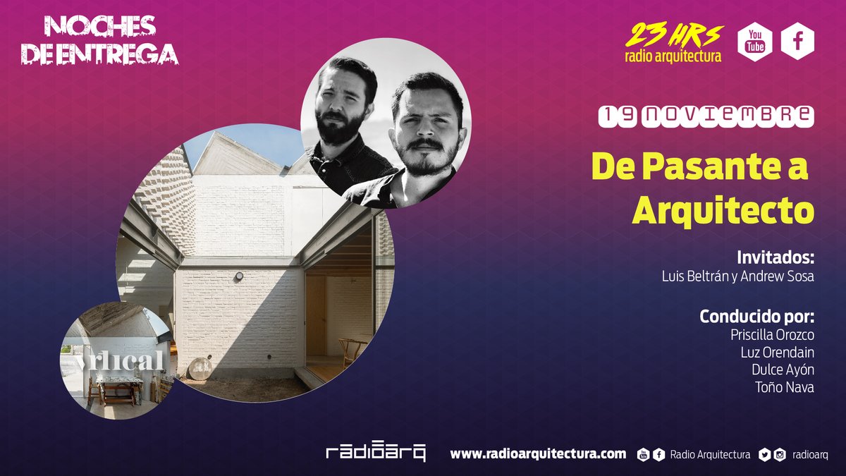 radioarq's tweet photo. Mañana #NochesdeEntrega https://t.co/rDp8FtO9Zc
De Pasante a Arquitecto
#Arquitectura
#Vrtical
#radioarq #RadioArquitectura https://t.co/ayV6en35H6