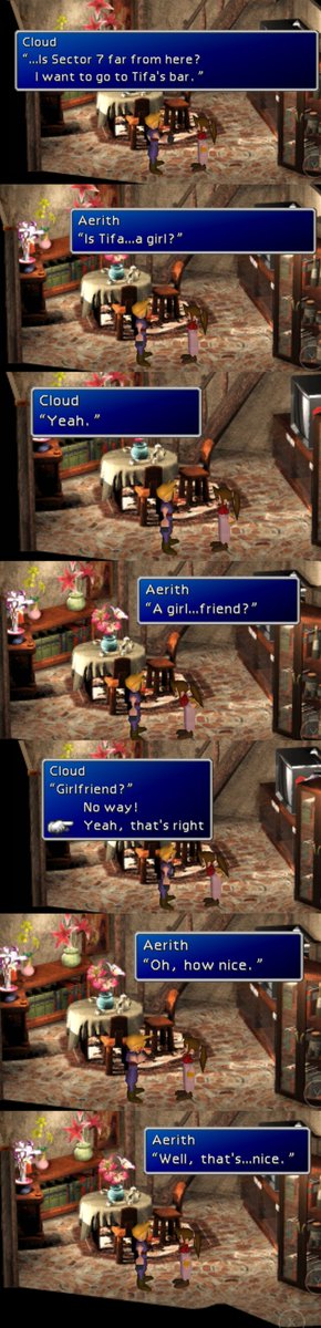 In OG Cloud says he wants to go back to Tifa's bar & Aerith questions him who T is, getting jealous if you say T is your gf. In FF7R C has a flashback of T & says her name, which A then asks who T is & points out T is special to C, then C says he doesn't know how to explain.