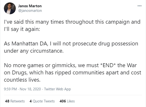 While  @TahanieNYC apparently backs away from her earlier promises, two other  #ManhattanDA candidates reaffirmed their commitment tonight to never prosecute drug possession. Both  @elizaorlins &  @janosmarton have also promised not to prosecute sex work or crimes of poverty.