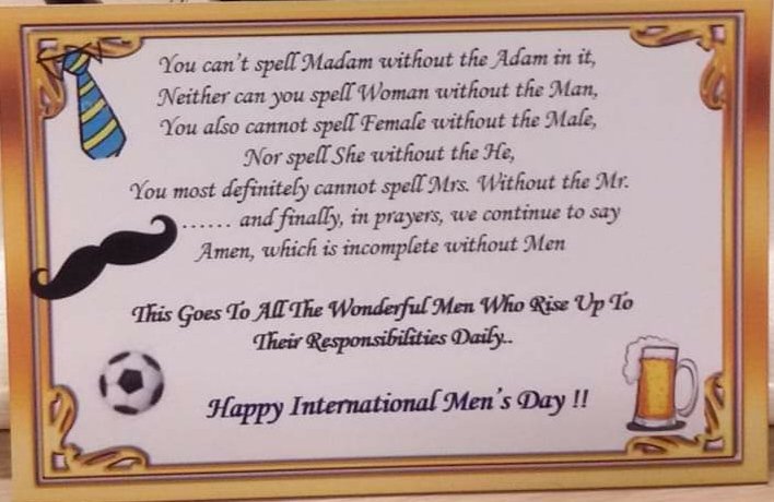 Mynation_Abhi's tweet photo. Happy International Men's Day 19 November 2020 https://t.co/gtRabQt3Lp