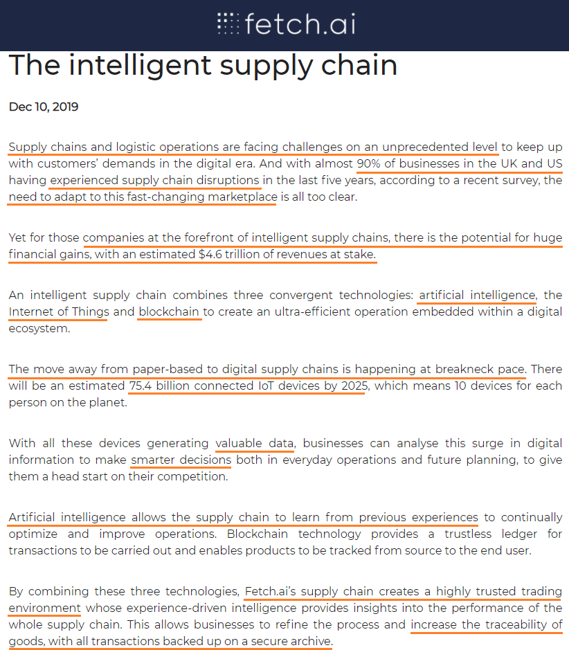 7/  $FET |  http://Fetch.AI  Digital Supply ChainsPotential financial gains for companies that use the most advanced tech.Moving away from paper-based systems an Intelligent Digital Supply Chain combines 3 technologies:•  #IoT•  #Blockchain•  #ArtificialIntelligence