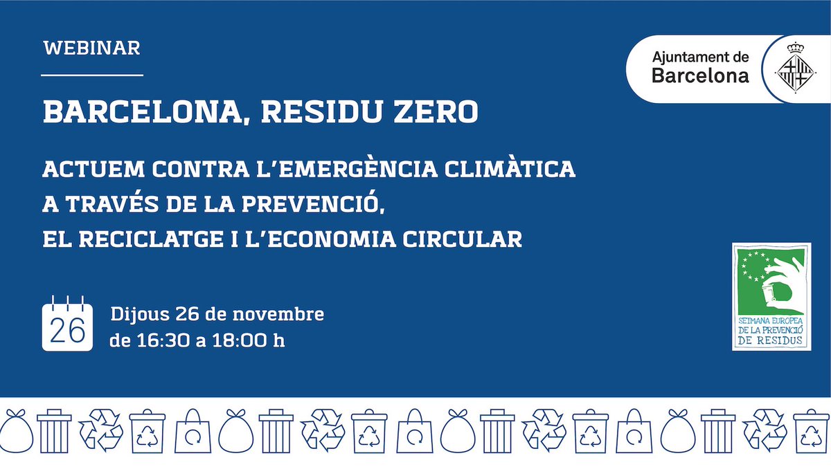 BCN_EspaiPublic's tweet photo. 📢 #GuardaLaData  👉🏻 26/11. 
Webinar Barcelona #ResiduZero.

Hi parlarem del paper de la prevenció i la recollida selectiva de residus i l’estratègia #ResiduZero de la ciutat.

⌚ 16:30-18:00 h
🔵 Programa i inscripcions: https://t.co/Viwcbtukuv

#EmergènciaClimàticaBCN #EWWR2020 https://t.co/SHi7VpTDJh