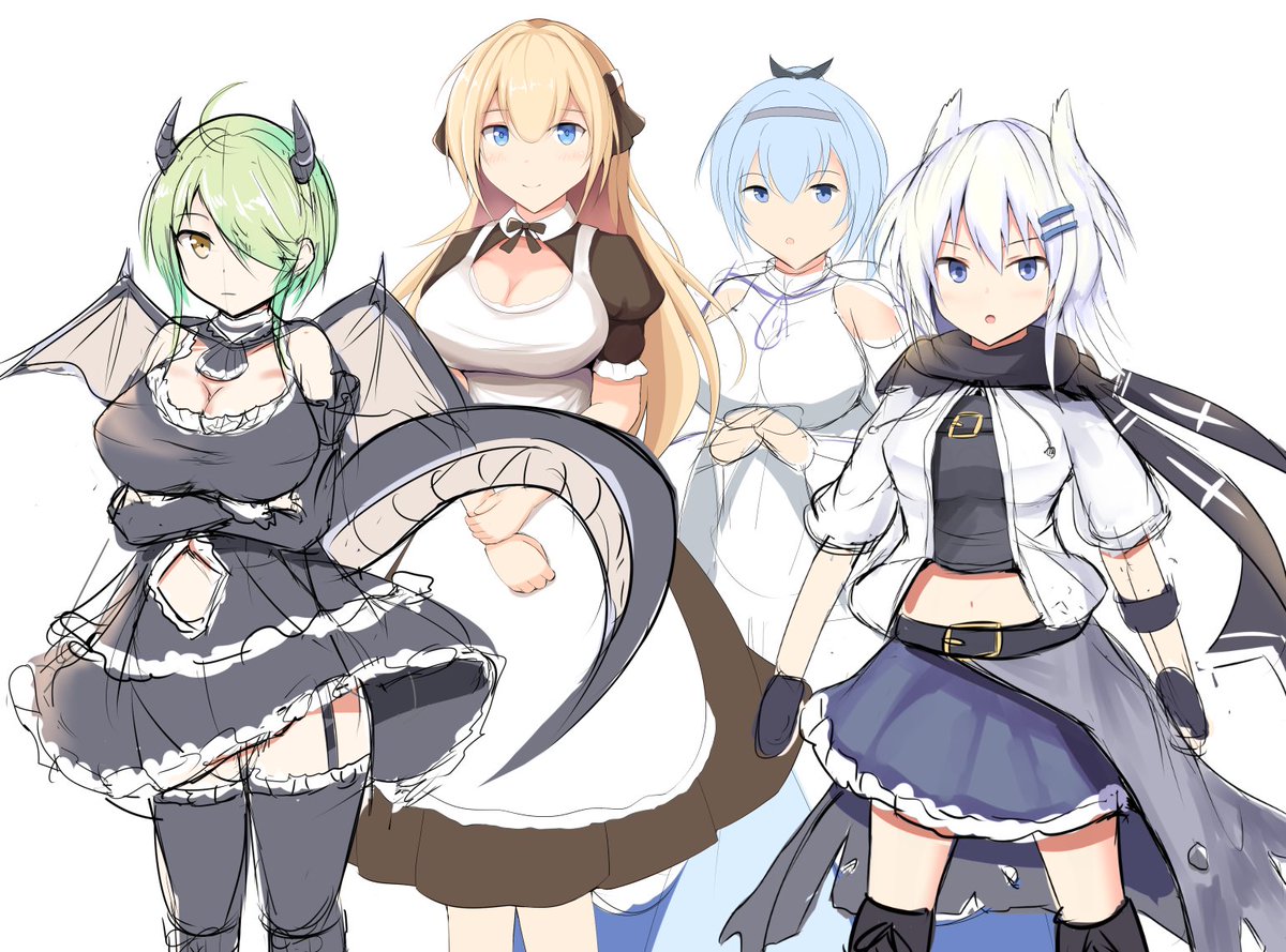 まだデザイン途中だけど制作中の各キャラを試しに並べてみたらゲームっぽくなってわくわくしてきた～! 