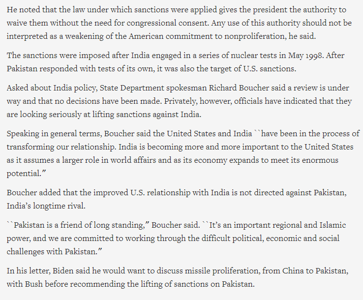 24 in 2001 as Senate Foreign Relations Committee chairman Biden said that the sanctions imposed against India should be removed because they may be impeding nonproliferation efforts. https://apnews.com/article/7db49bd4371acb8b387e8a46f81f6b40