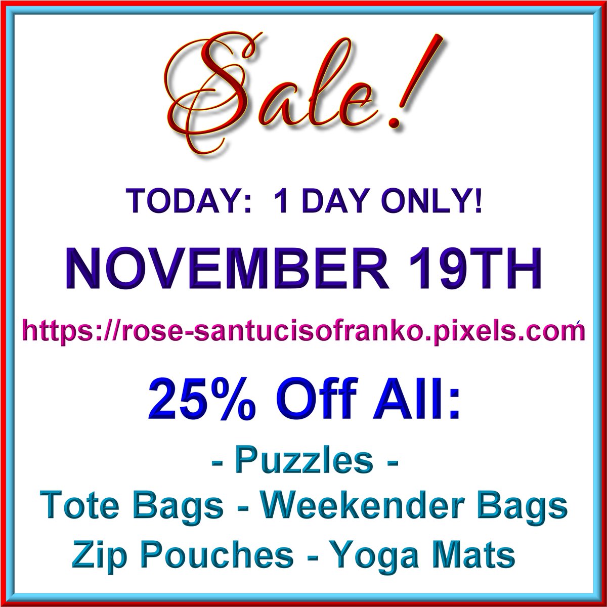 Artists4God's tweet photo. #SALE ! November 19th 25% Off
#Jigsaw #Puzzles #ToteBags #WeekenderBags #ZipPouches #YogaMats
https://t.co/Q8nmuB7oAV
#ThrowPillow #Duvet #ShowerCurtain #Towel #Mugs #Blanket #card #Art #PhoneCase #FaceMask
#Tshirts
@ArtistRTweeters #ArtistRTweeters @GDAutoArt @ReArtistron https://t.co/09M5UHM5WT