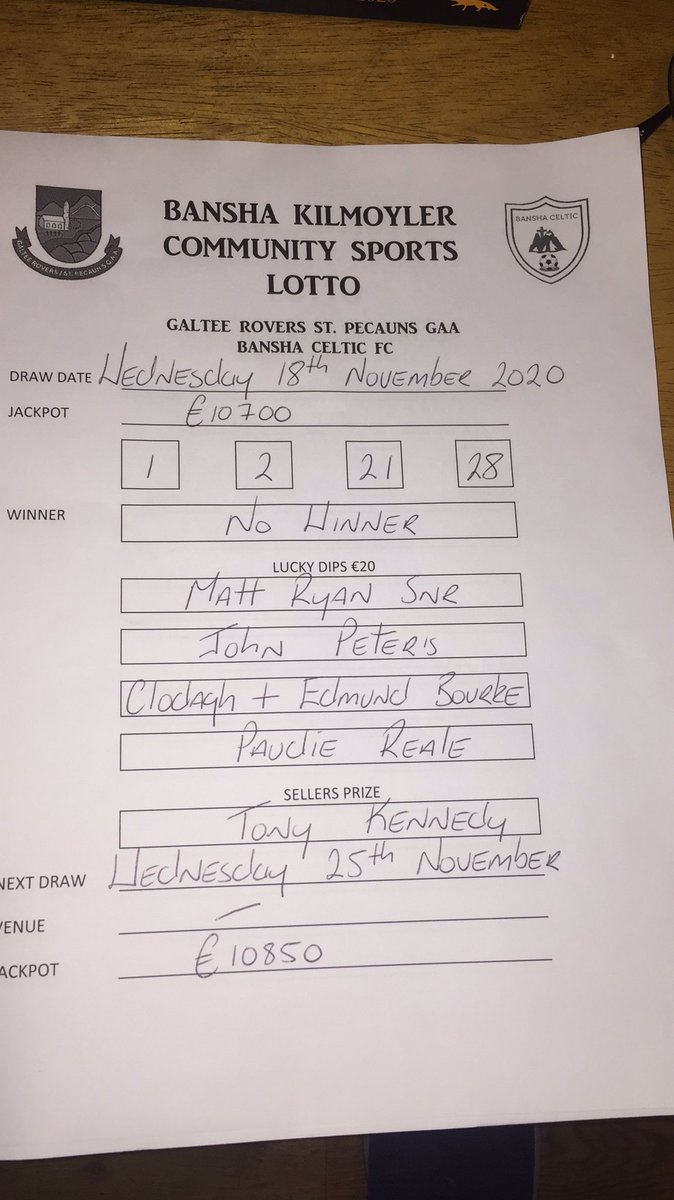 This weeks lotto results.... no winner... congrats to all lucky dip winners... next weeks draw takes place on Wednesday 25th November with a jackpot of €10850 💶💶💶