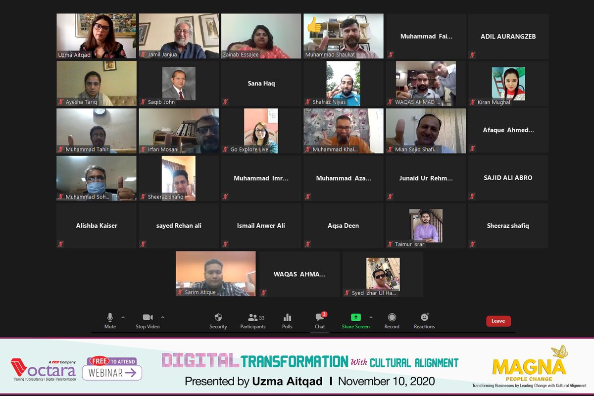 TeamOctara's tweet photo. Group Picture of OCTARA's Complimentary Webinar
Digital Transformation with Cultural Alignment
by Uzma Aitqad held on 10-Nov'20 via Zoom Meeting.

...only from @TeamOctara !!!

#tcsoctara #webmallpluss #businessleaders #digitalsuccess #culturalalignment #culture #industry https://t.co/yAuYNhSupd