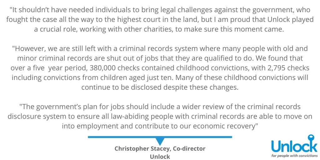 Big news today for people with criminal records. After years of campaigning, nearly 2yrs since a Supreme Court ruling <a href="/unlockcharity/">Unlock</a> intervened in, government has announced changes will happen on 28 November. Proud of everyone that helped make this happen! unlock.org.uk/government-ann…