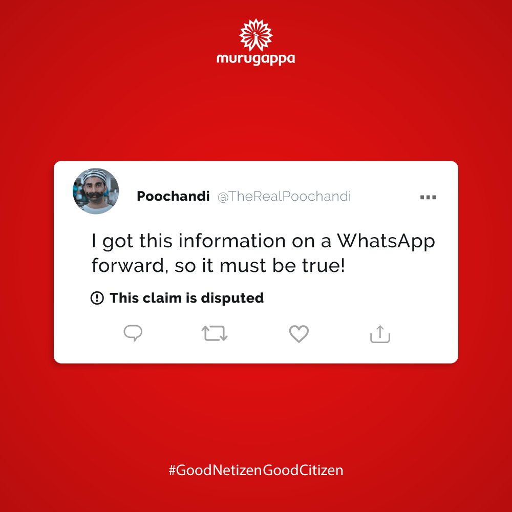 Murugappa_Group's tweet photo. Don't listen to the Poochandi! Before sharing news, check your facts &amp; check them again!
Watch this video to know what else the Sagalakala Poochandi may trick you into doing: https://t.co/uu9cMJ3MbW
#MurugappaGroup #GoodNetizenGoodCitizen #ThisClaimIsDisputed #Poochandi #FakeNews https://t.co/1vmktDR7Fm