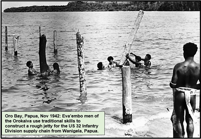 No piers or jetties were available and no lighters.To unload the six remaining luggers, cargo was hauled onto local outrigger canoes, rowboats, or canvas-sided engineer boats.Rough piers were hand-built using rough local timber. A captured 21-ton enemy barge was put to use.6/