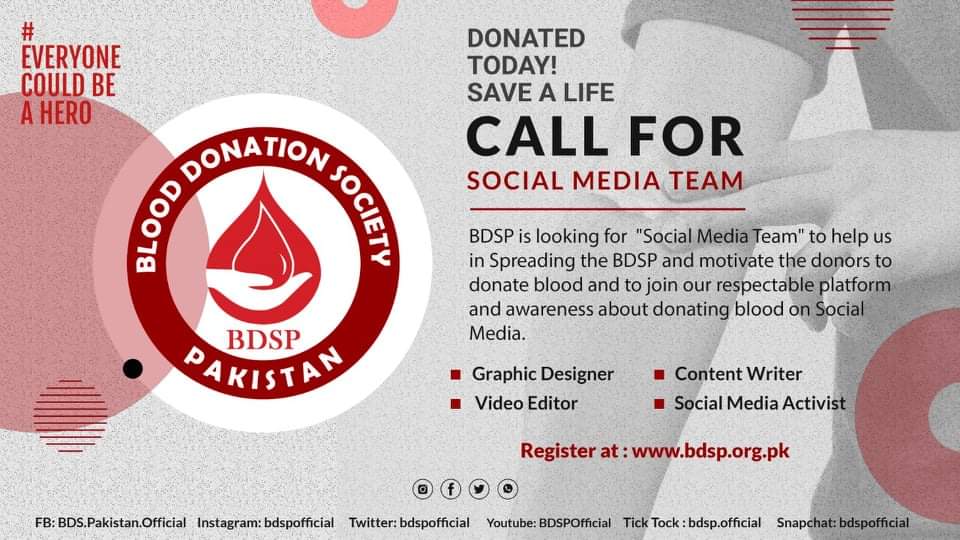 BDSPOfficial's tweet photo. #Join_Us

BDSP is looking for  "Social Media Team" to help us in Spreading the BDSP and motivate the donors to donate blood and to join our respectable platform and awareness about donating blood on Social Media.

Apply through link https://t.co/ctJwZhUB2J 

#DonateBloodSaveLives https://t.co/9x5hRIGifY