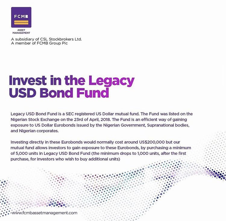 fcmbassetmgt's tweet photo. Investing directly in these Eurobonds would normally cost around US$200,000 but our mutual fund allows investors to gain exposure to these Eurobonds, by purchasing a minimum of 5,000 units in Legacy USD Bond Fund
#FMCB #FCMBAssetManagement #VisionBeyondBorders #USDBondFund https://t.co/7QvtUN4bOj