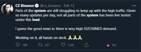 Everytime CZ tweets about system overload or high traffic, its literally the top of Crypto lol