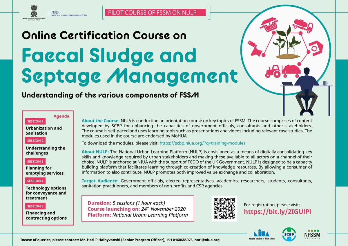 Join NIUA's pilot certificate course on #NULP to realise the emerging need for #FSSM towards #citywide sanitation management &amp; gain indepth knowledge including technological options supported by successful case studies in Indian context. 

To register: nulp.nuis.in/explore-course…