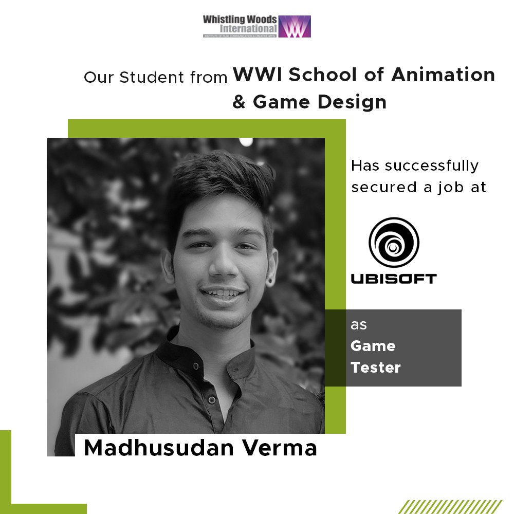 Whistling_Woods's tweet photo. Madhusudan Verma, our student from the School of Animation and Game Design, has secured a job as a Game Tester at Ubisoft. 

We wish him success and luck for all his future endeavours. 

#DoWhatYouLove
#ManifestStories
#WWISchoolOfAnimationandGameDesign
#WWIStudentSuccess https://t.co/zhLnXoVZnI