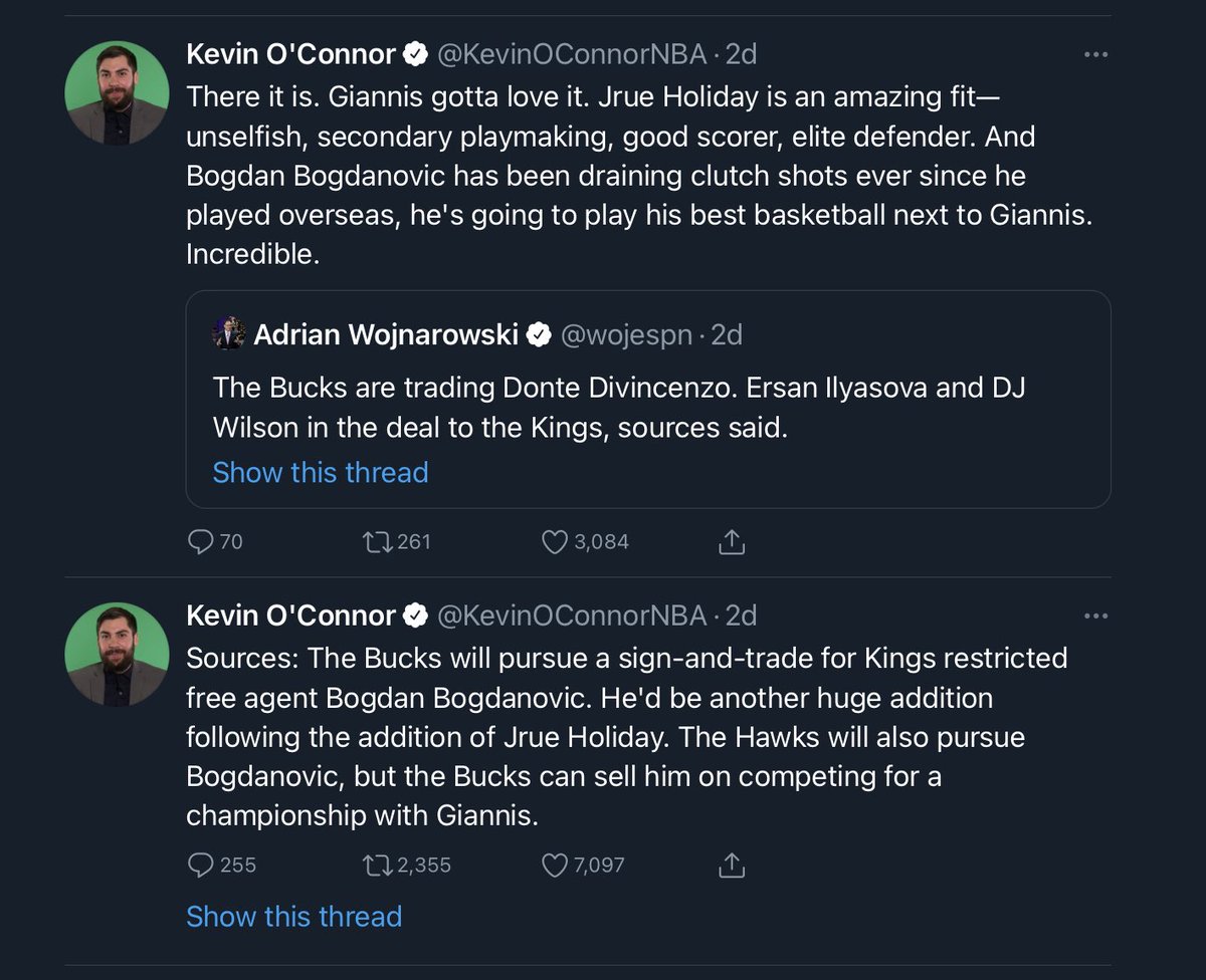 Now, let’s look at how Woj reported the transaction, as compared to how another NBA insider ( @KevinOConnorNBA) reported the news.O’Connor said that “The Bucks will pursue” Bogdanovic.But Woj said “Milwaukee is landing” Bogdanovic.KOC is speculating; Woj is reporting.