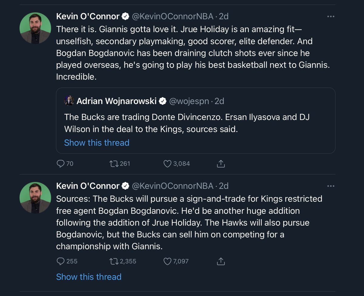 The tipping point, when the trade moved from theoretical to actual, was 12:08am CST, when  @wojespn tweeted that ESPN’s sources said the deal was happening. Look again how KOC’s word choice changed *after* the Woj tweet.