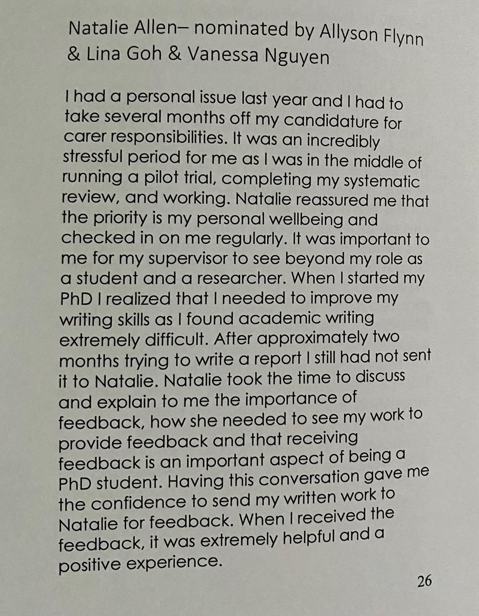 Supra Supervisor of the Year 2020 <a href="/DrNatalieAllen/">Natalie Allen</a>.

<a href="/AllysonFlynn_AU/">Allyson Flynn</a> <a href="/NguyVanessa/">Vanessa Nguy</a> and I couldn't have asked for a better supervisor. We see you and we love you!