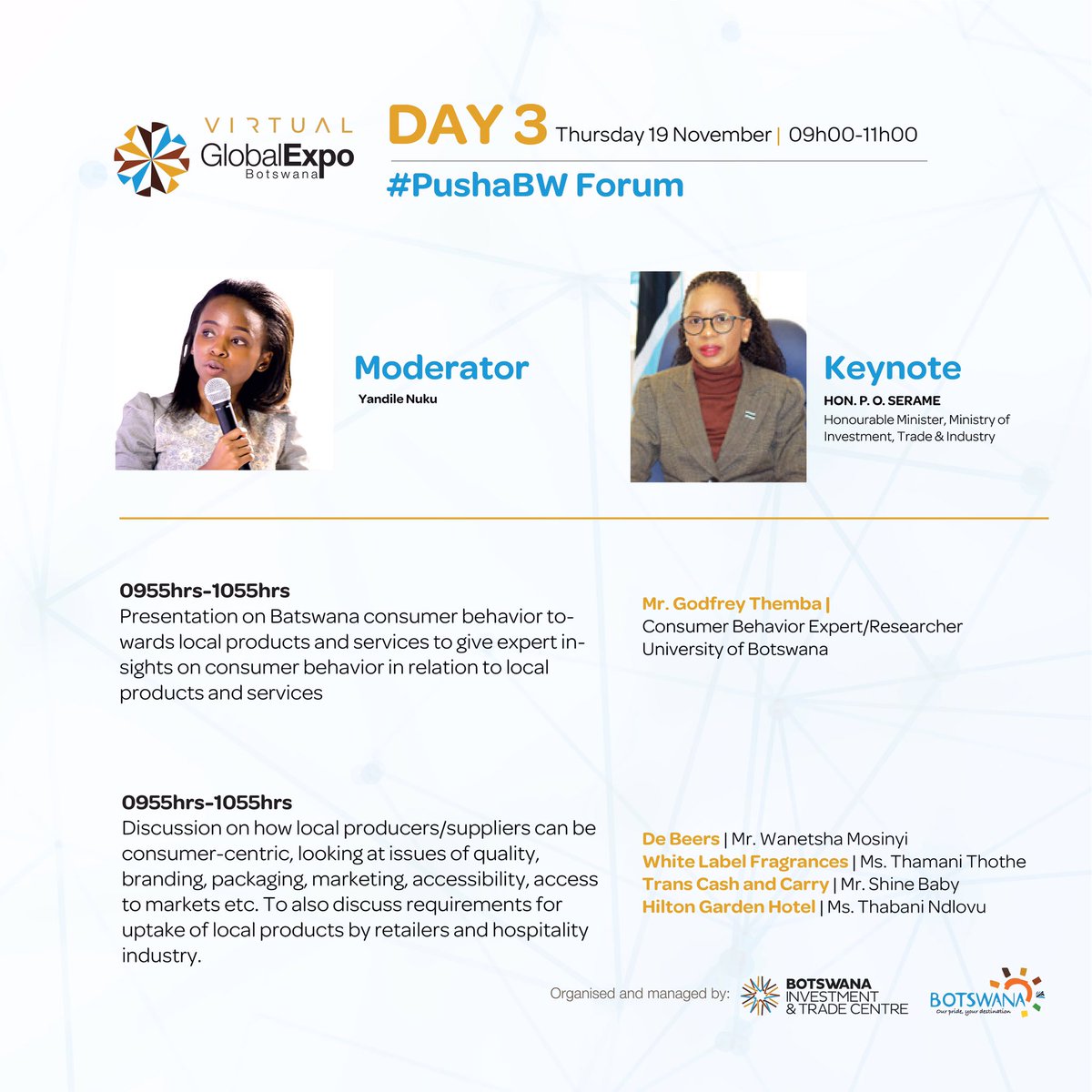 GlobalExpo_BW's tweet photo. The #PushaBW Forum takes place this morning to encourage the support of local products &amp; with the aid of our panelists unpacking how best businesses can get market ready.

Visit https://t.co/2L0QVNoova auditorium to watch the live session. 
#GEBGoesGlobal #GEB2020 https://t.co/CVvKTus5sY