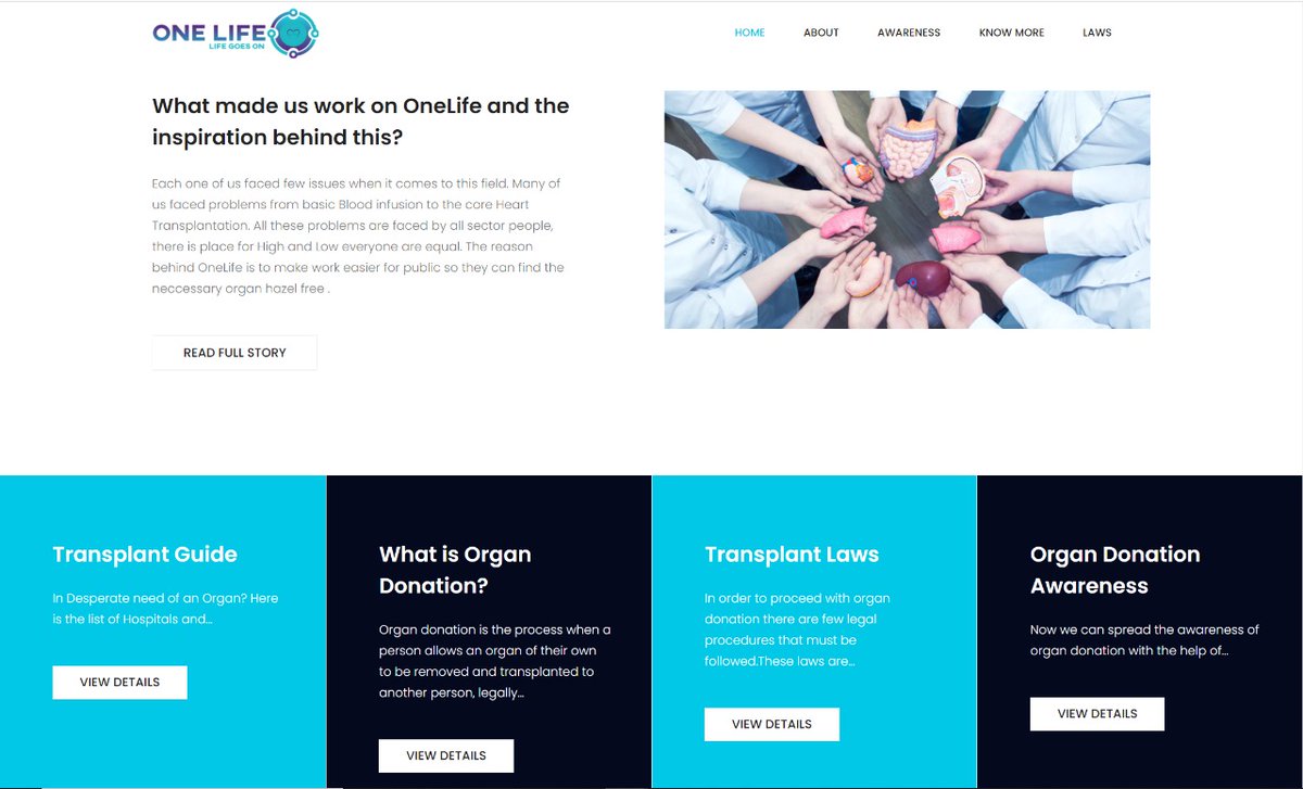 SubhashDande's tweet photo. Our team has done a web application "ONE LIFE"  a semester project, which aims to solve problems faced by the public during the time of Organ donations. It is a platform that consists of information about organ donation and a few features that help users.
@CSE_Bennett #donors https://t.co/cd7oI3g2KK