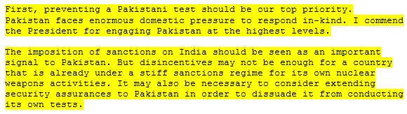 8 Regarding possibility of Pakistan testing says that sanctions should be a deterrent but says disincentives not enough for a country that is already under sanctions. My take: I guess some things never change like sanctions changing Pakistani behavior  neither in 90s or now!