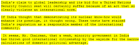 7 Makes some patronizing comments about India's moral standing & prestige post these tests & calls them to have been conducted for domestic political advantage.