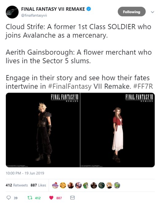 a thread of cloud and aerith being placed side by side either in cutscenes or merchandise/advertising make sure to add your own, too! and always tag  #clerith